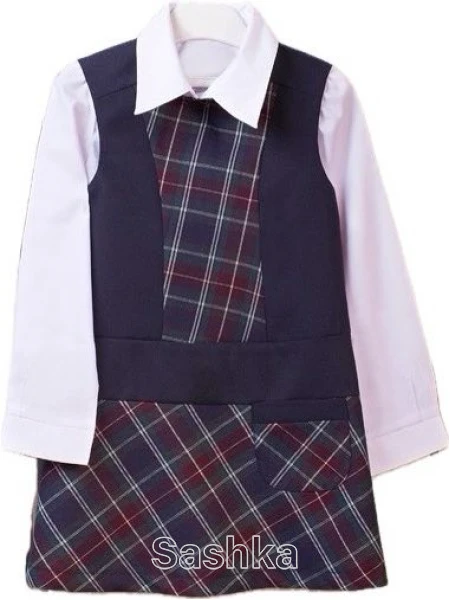 Сарафан для дівчинки Sashka шкільний в синю клітинку (напіввовна), розмір 116-146